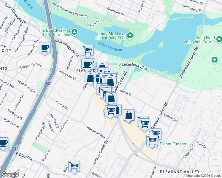 map of restaurants, bars, coffee shops, grocery stores, and more near 1505 Town Creek Drive in Austin