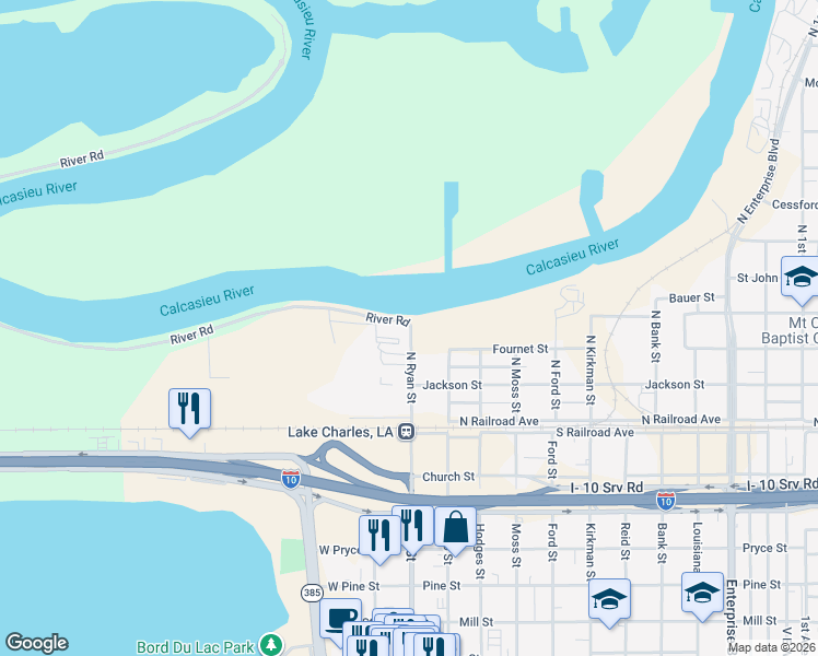 map of restaurants, bars, coffee shops, grocery stores, and more near 305 North Ryan Street in Lake Charles