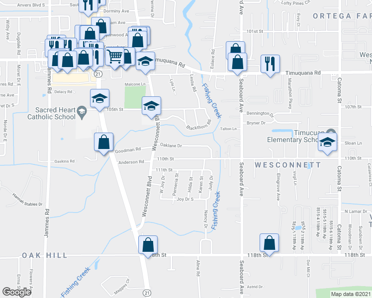 map of restaurants, bars, coffee shops, grocery stores, and more near 5865 110th Street in Jacksonville