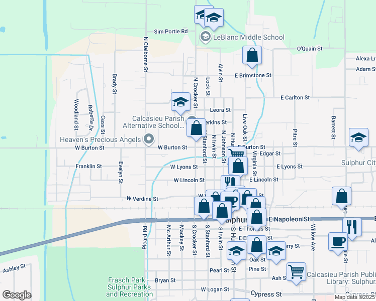 map of restaurants, bars, coffee shops, grocery stores, and more near 435 North Crocker Street in Sulphur