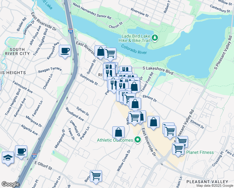 map of restaurants, bars, coffee shops, grocery stores, and more near 1919 East Riverside Drive in Austin