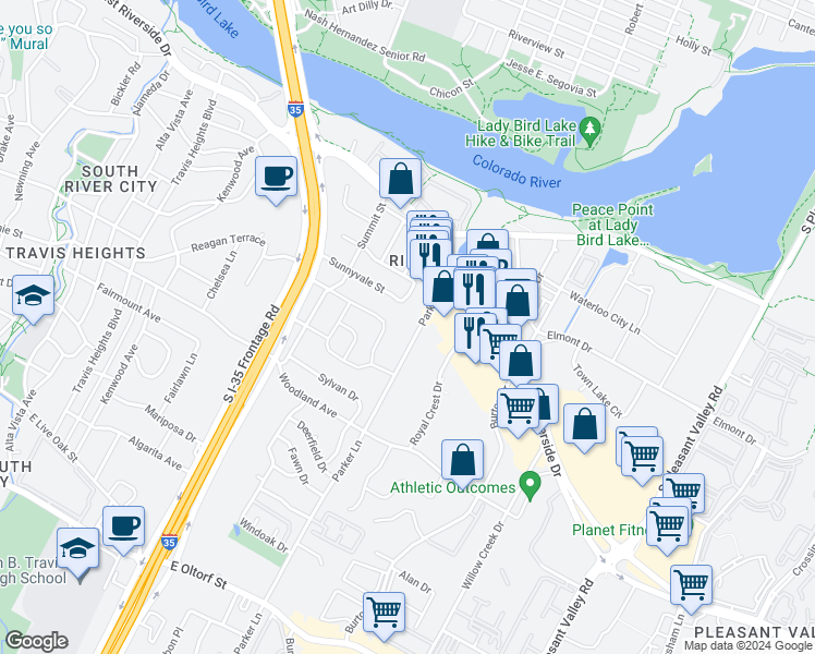 map of restaurants, bars, coffee shops, grocery stores, and more near 1402 Parker Lane in Austin