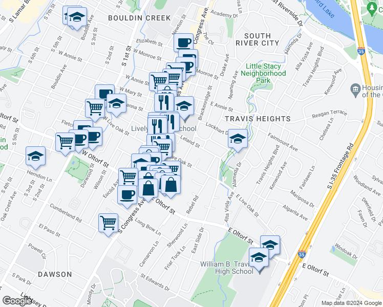 map of restaurants, bars, coffee shops, grocery stores, and more near 2118 Brackenridge Street in Austin