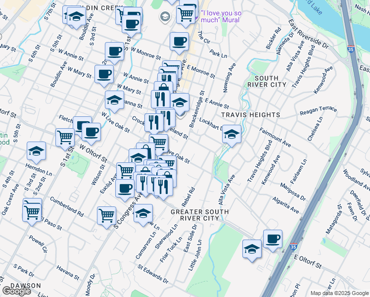 map of restaurants, bars, coffee shops, grocery stores, and more near 2118 Brackenridge Street in Austin