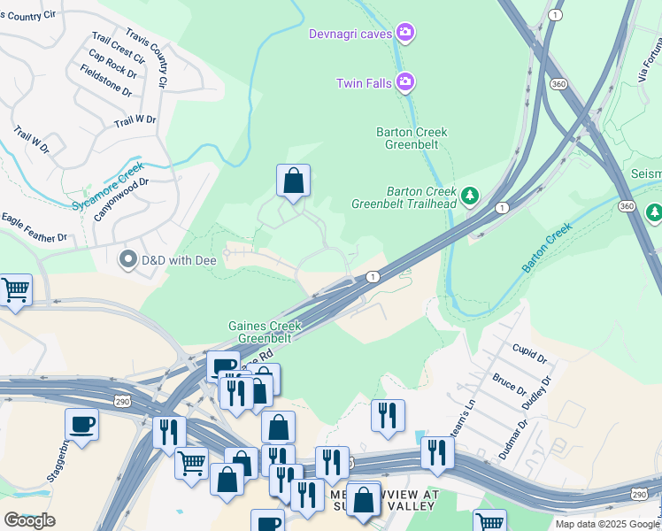 map of restaurants, bars, coffee shops, grocery stores, and more near 4409 Gaines Ranch Loop in Austin