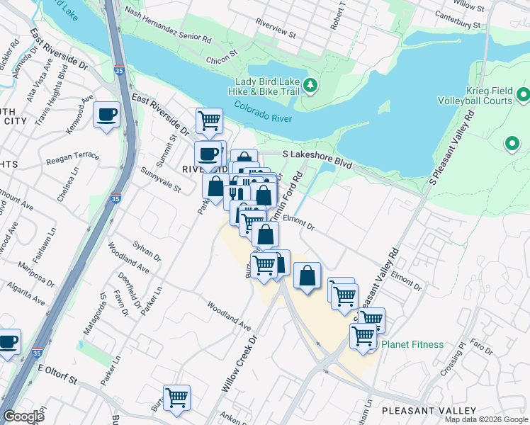 map of restaurants, bars, coffee shops, grocery stores, and more near 1505 Town Creek Drive in Austin