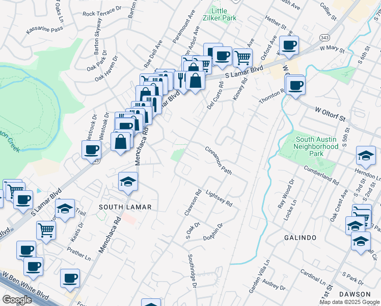 map of restaurants, bars, coffee shops, grocery stores, and more near 2807 Del Curto Road in Austin