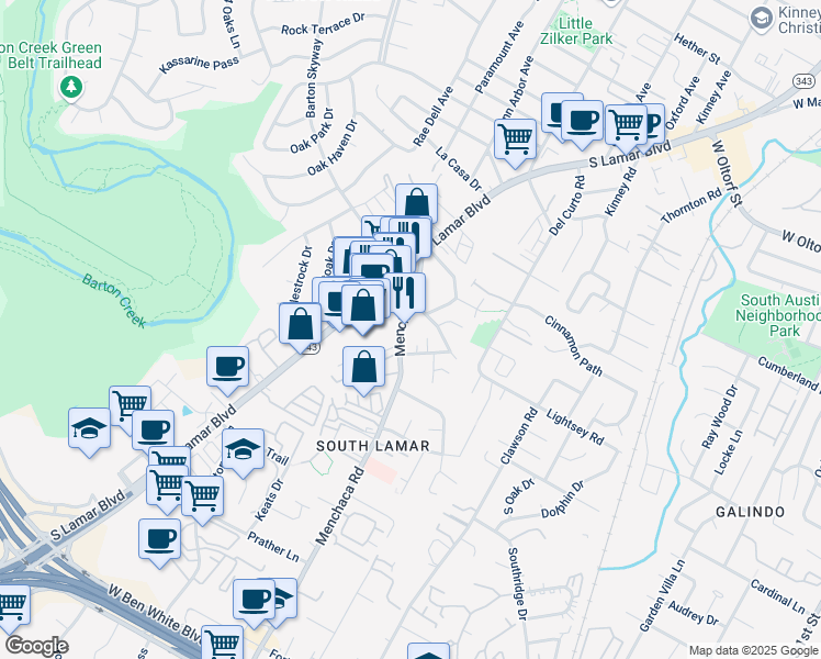 map of restaurants, bars, coffee shops, grocery stores, and more near 3003 Menchaca Road in Austin
