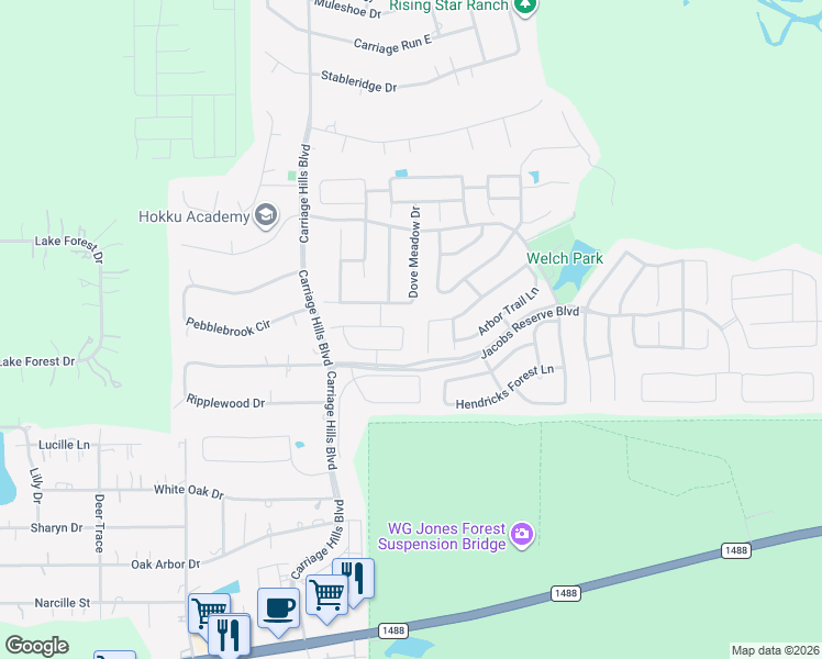 map of restaurants, bars, coffee shops, grocery stores, and more near 186 Maple Grove Drive in Conroe