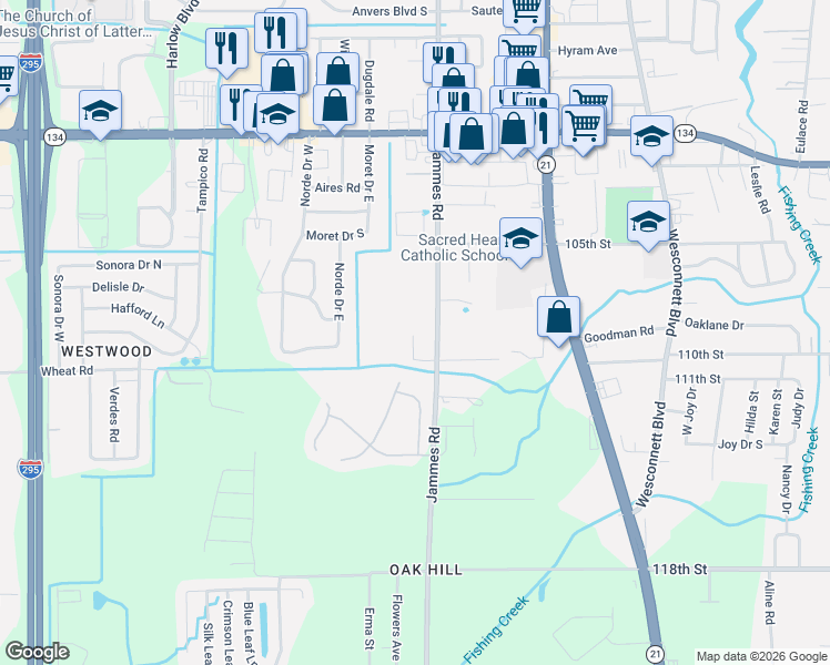 map of restaurants, bars, coffee shops, grocery stores, and more near 5930 Wilmar Road West in Jacksonville