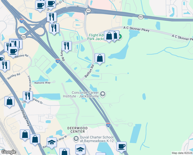 map of restaurants, bars, coffee shops, grocery stores, and more near 7750 Belfort Parkway in Jacksonville