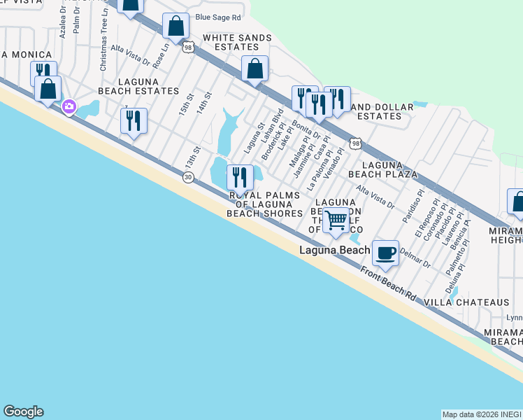 map of restaurants, bars, coffee shops, grocery stores, and more near 19907 Front Beach Road in Panama City Beach