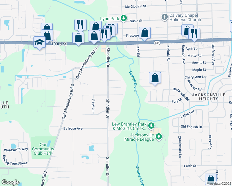 map of restaurants, bars, coffee shops, grocery stores, and more near 8751 Barco Lane in Jacksonville