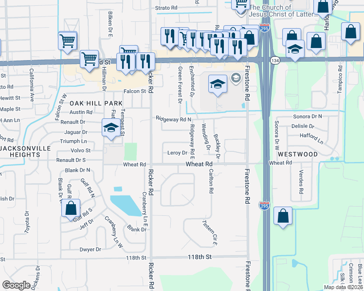 map of restaurants, bars, coffee shops, grocery stores, and more near 7503 Leroy Drive in Jacksonville