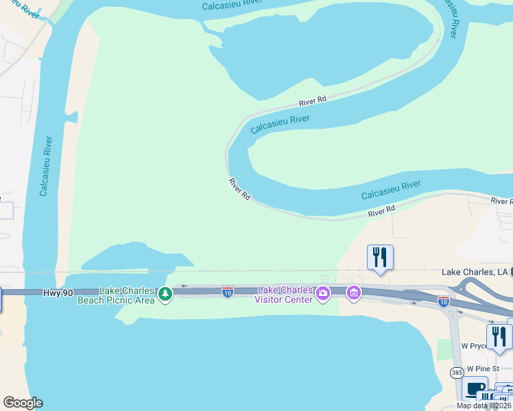 map of restaurants, bars, coffee shops, grocery stores, and more near 14-502 River Rd in Lake Charles