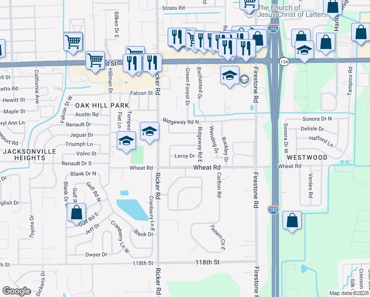 map of restaurants, bars, coffee shops, grocery stores, and more near 7503 Leroy Drive in Jacksonville