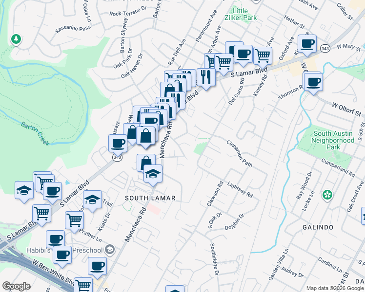 map of restaurants, bars, coffee shops, grocery stores, and more near 2000 Lightsey Road in Austin