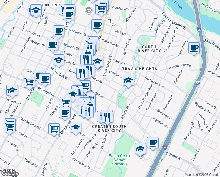 map of restaurants, bars, coffee shops, grocery stores, and more near 503 Leland Street in Austin