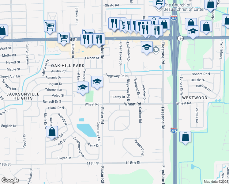 map of restaurants, bars, coffee shops, grocery stores, and more near 7524 Impala Lane in Jacksonville