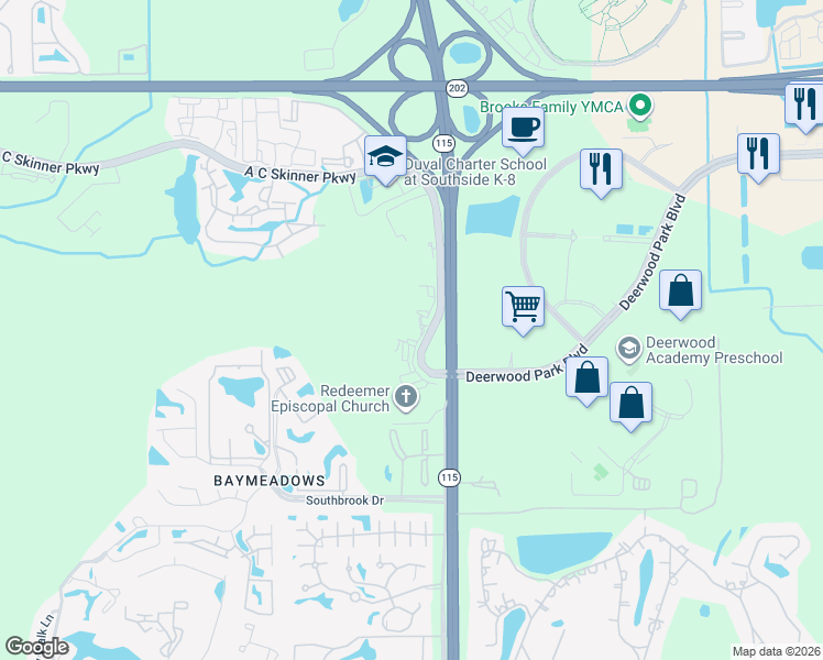 map of restaurants, bars, coffee shops, grocery stores, and more near 8876 A C Skinner Parkway in Jacksonville