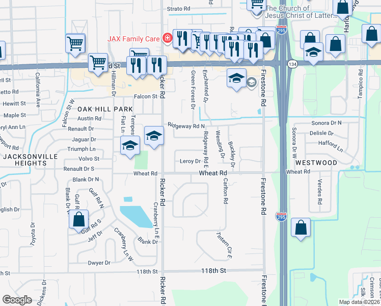 map of restaurants, bars, coffee shops, grocery stores, and more near 7503 Leroy Drive in Jacksonville
