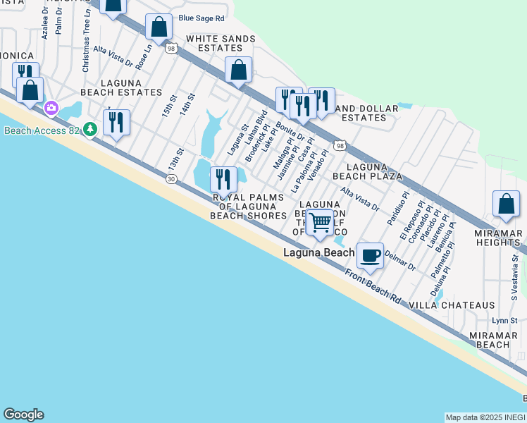 map of restaurants, bars, coffee shops, grocery stores, and more near 107 Casa Place in Panama City Beach