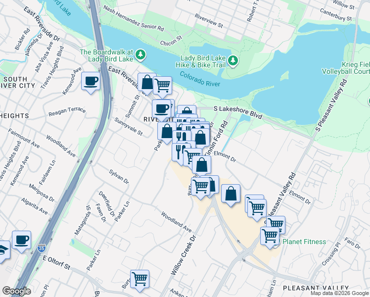 map of restaurants, bars, coffee shops, grocery stores, and more near 1510 Town Creek Drive in Austin