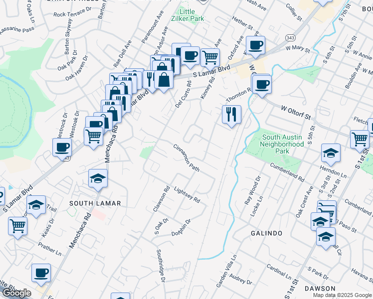 map of restaurants, bars, coffee shops, grocery stores, and more near 1707 Cinnamon Path in Austin