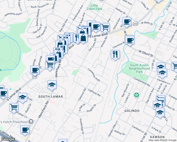map of restaurants, bars, coffee shops, grocery stores, and more near 1707 Cinnamon Path in Austin