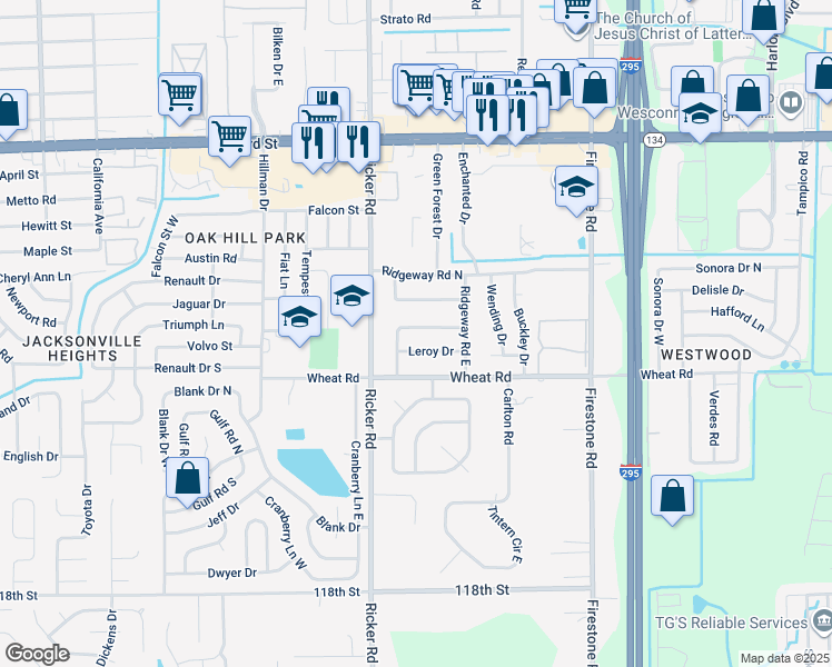 map of restaurants, bars, coffee shops, grocery stores, and more near 7524 Impala Lane in Jacksonville