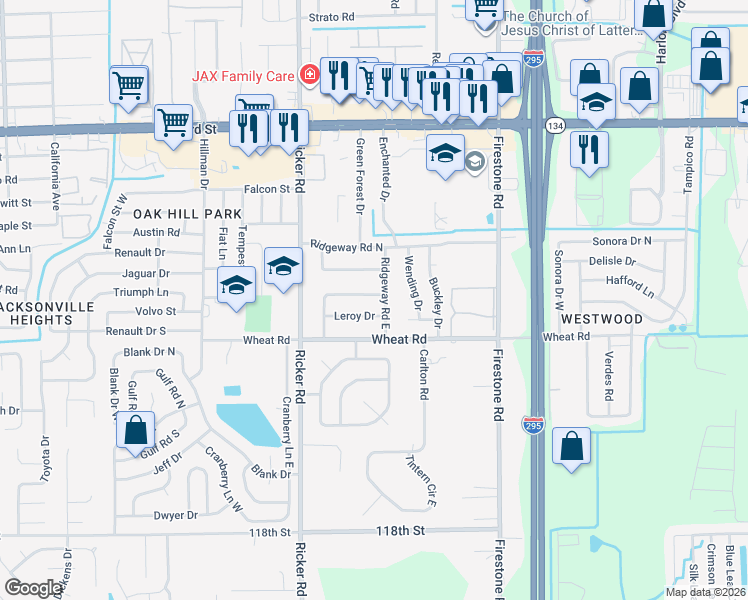 map of restaurants, bars, coffee shops, grocery stores, and more near 7418 Impala Lane in Jacksonville