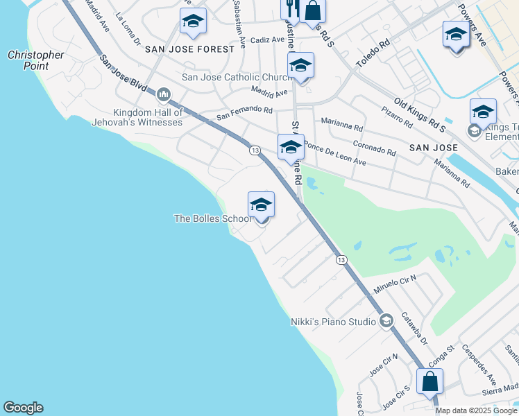 map of restaurants, bars, coffee shops, grocery stores, and more near 7400 San Jose Boulevard in Jacksonville