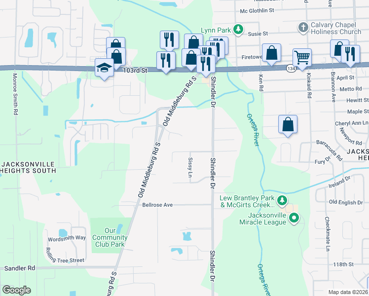 map of restaurants, bars, coffee shops, grocery stores, and more near 8927 Barco Lane in Jacksonville