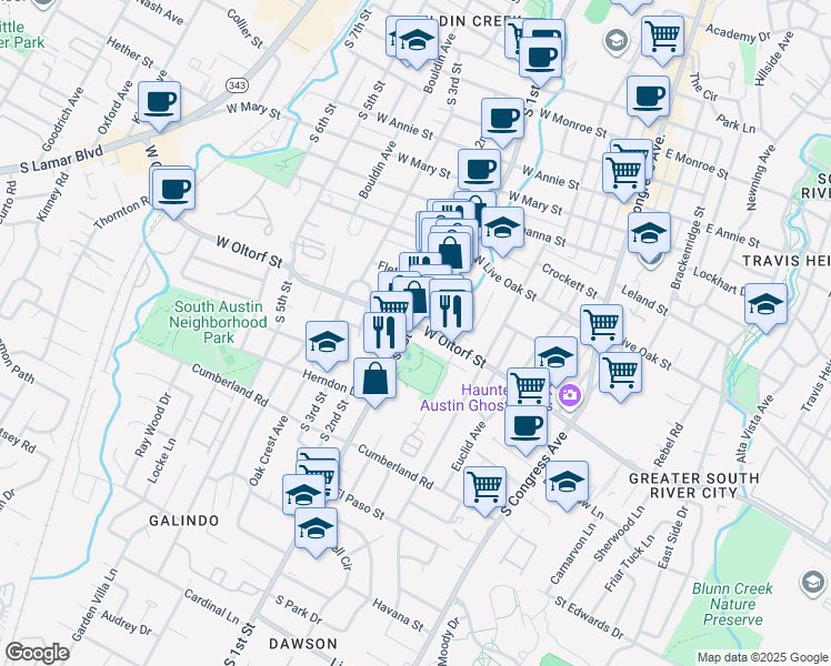 map of restaurants, bars, coffee shops, grocery stores, and more near 539 West Oltorf Street in Austin