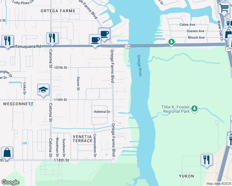 map of restaurants, bars, coffee shops, grocery stores, and more near 5958 Ortega River Court in Jacksonville