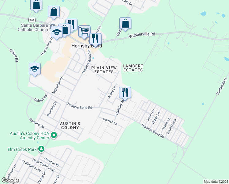 map of restaurants, bars, coffee shops, grocery stores, and more near 4601 Acers Lane in Austin