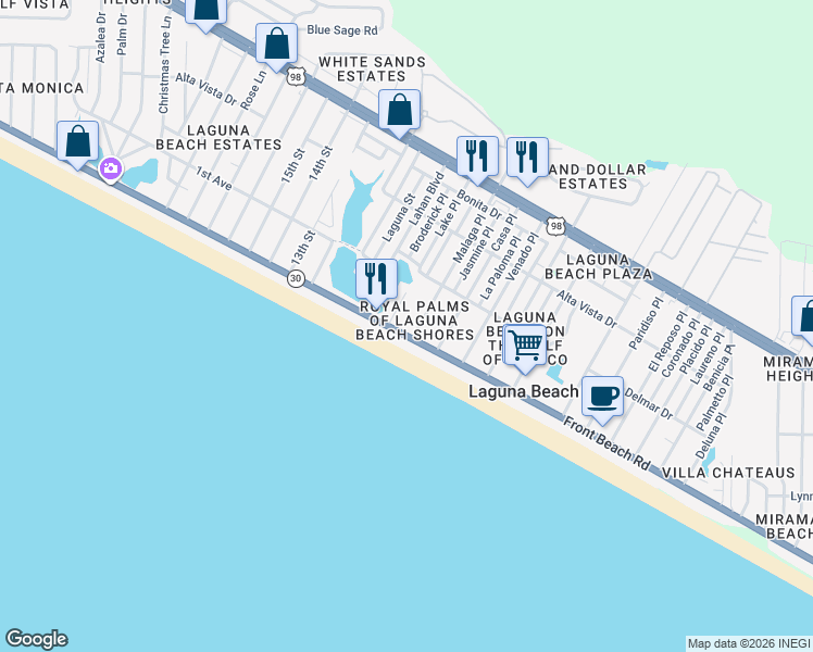 map of restaurants, bars, coffee shops, grocery stores, and more near 19907 Front Beach Road in Panama City Beach