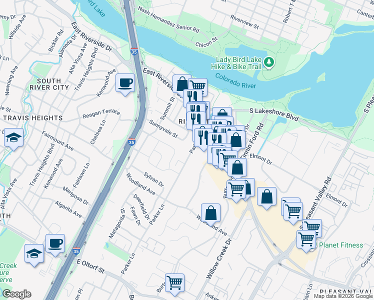 map of restaurants, bars, coffee shops, grocery stores, and more near 1402 Parker Lane in Austin