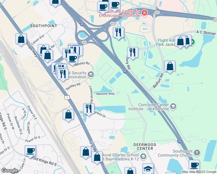 map of restaurants, bars, coffee shops, grocery stores, and more near 8216 White Falls Boulevard in Jacksonville