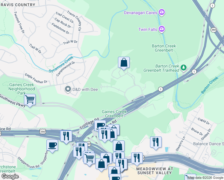map of restaurants, bars, coffee shops, grocery stores, and more near 3905 Gaines Court in Austin