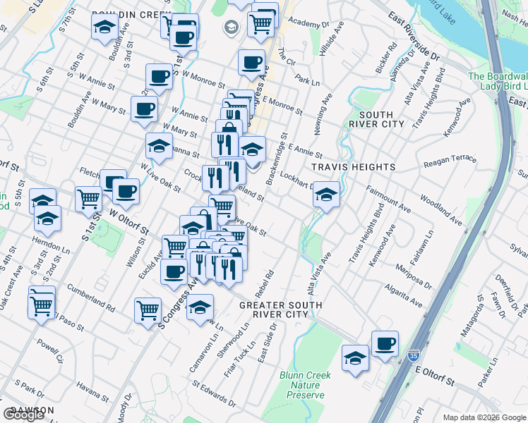map of restaurants, bars, coffee shops, grocery stores, and more near 2118 Brackenridge Street in Austin