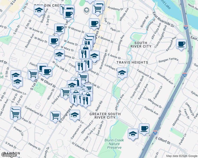 map of restaurants, bars, coffee shops, grocery stores, and more near 2118 Brackenridge Street in Austin