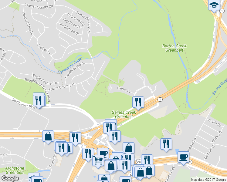 map of restaurants, bars, coffee shops, grocery stores, and more near 4005 Gaines Court in Austin