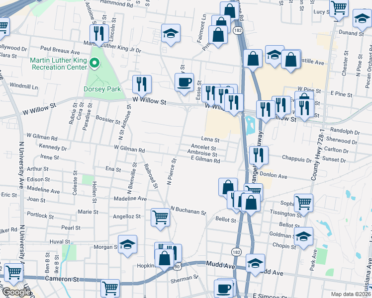 map of restaurants, bars, coffee shops, grocery stores, and more near 600-602 North Pierce Street in Lafayette