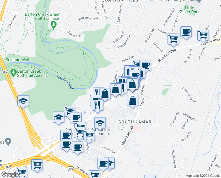 map of restaurants, bars, coffee shops, grocery stores, and more near 3304 Westland Drive in Austin