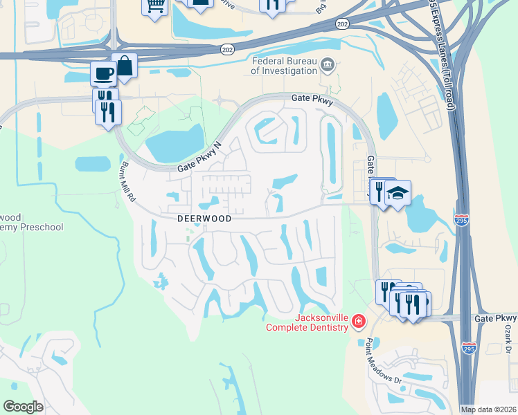 map of restaurants, bars, coffee shops, grocery stores, and more near 10961 Burnt Mill Road in Jacksonville