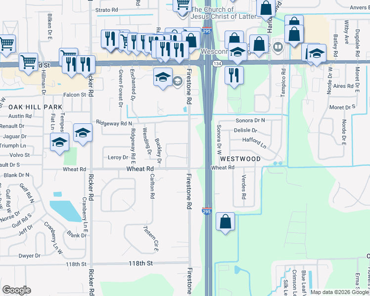 map of restaurants, bars, coffee shops, grocery stores, and more near 210 5928-2 Firestone Ap in Jacksonville