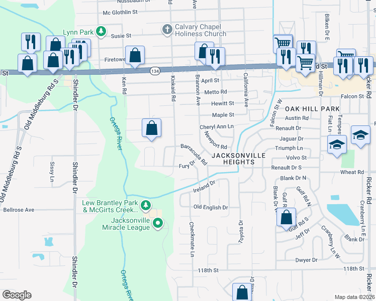 map of restaurants, bars, coffee shops, grocery stores, and more near 8362 Kinkaid Court in Jacksonville