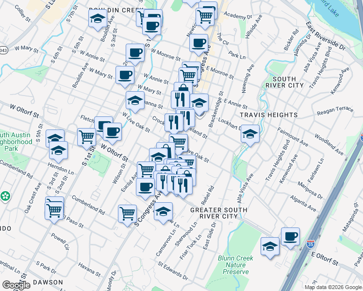 map of restaurants, bars, coffee shops, grocery stores, and more near 2201 College Avenue in Austin