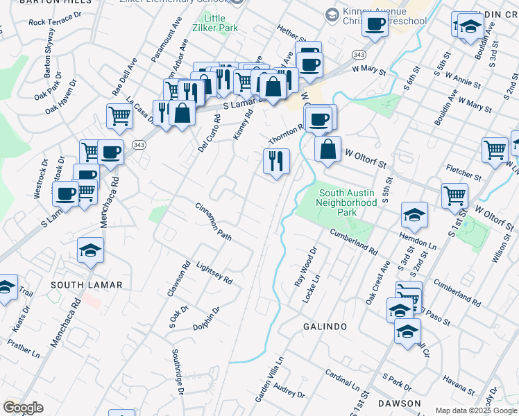 map of restaurants, bars, coffee shops, grocery stores, and more near 1401 Bridgeway Drive in Austin
